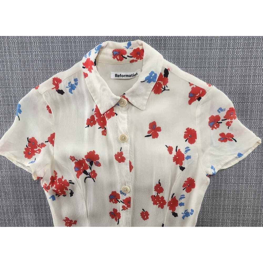 Reformation Sheila Floral Midi Dress 0 Ivory Red Blue Button Front Cottagecore - Picture 14 of 16